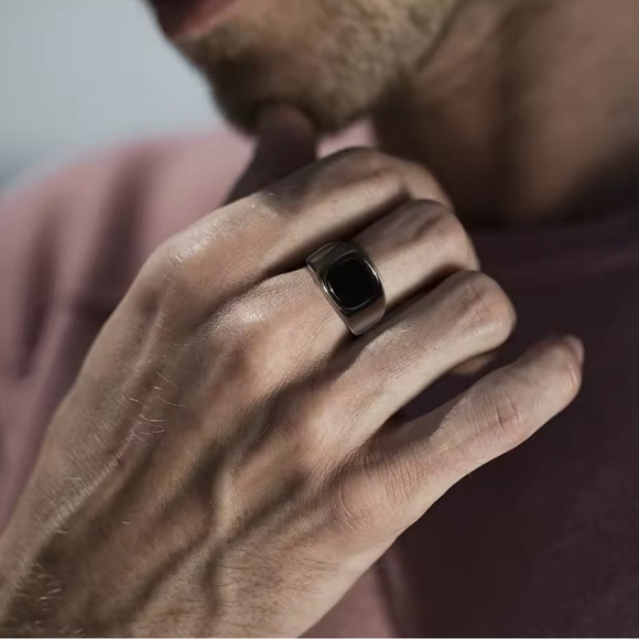 Black Stone Rings for Men Stainless Steel Geometric Square Ring Signet Ring 8, 9 - Picture 3 of 5